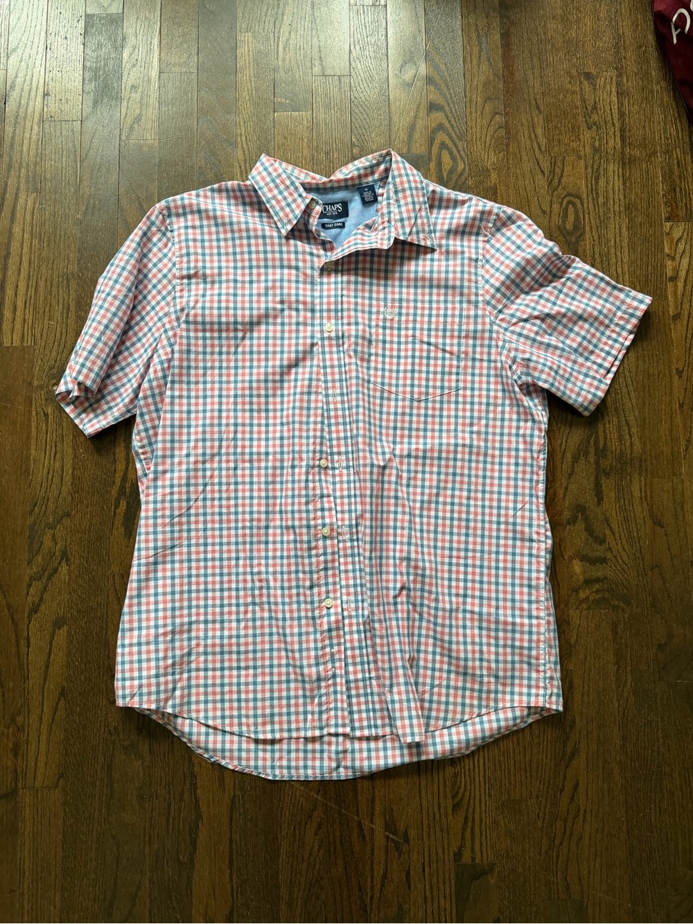 Chaps Men's Short-Sleeve Button-Up Shirt in Coral and Light Blue Check